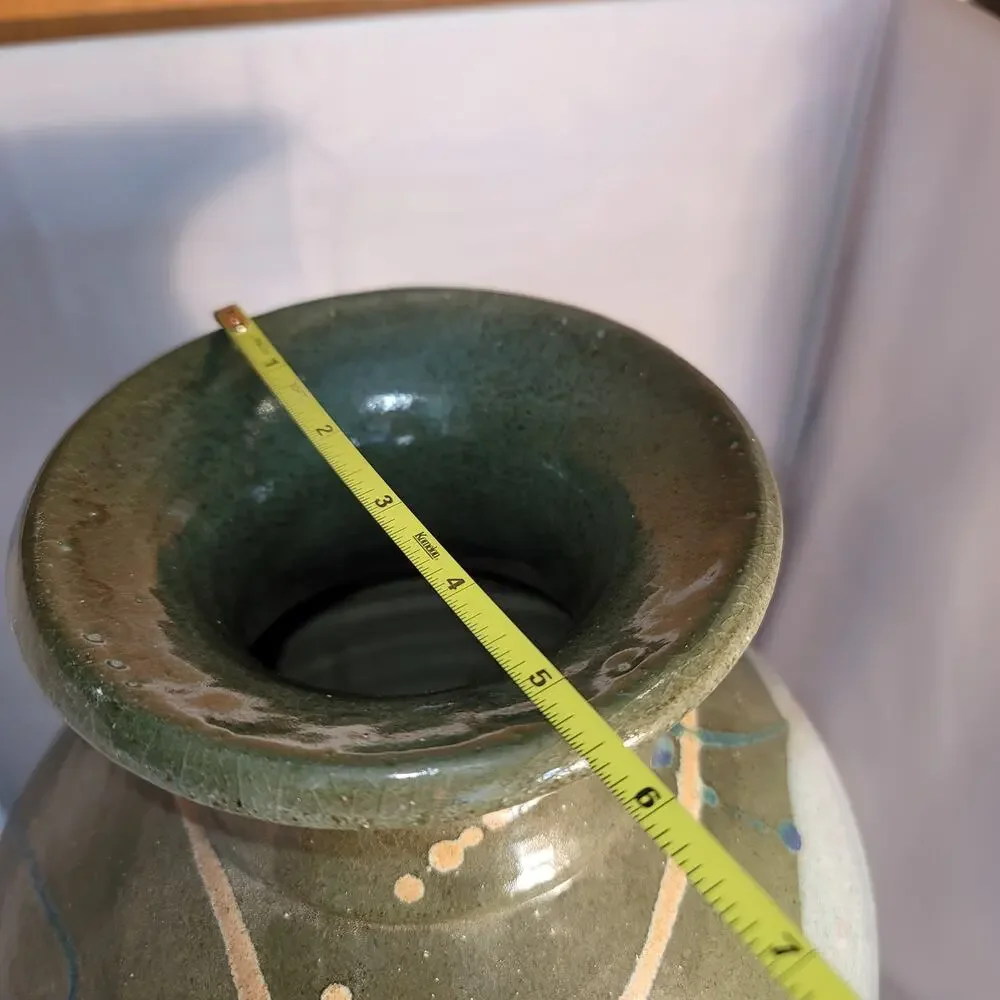 Large art pottery vase URN Clay Signed Pennington Green Blue Modern Design 15.5